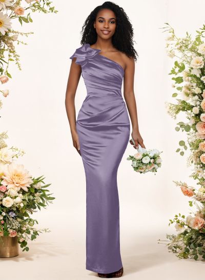 Sheath/Column One-Shoulder Silk Like Satin Bridesmaid Dresses With Ruffle