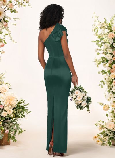 Sheath/Column One-Shoulder Silk Like Satin Bridesmaid Dresses With Ruffle