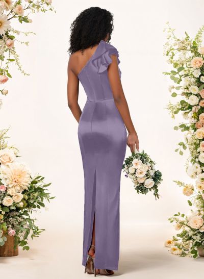 Sheath/Column One-Shoulder Silk Like Satin Bridesmaid Dresses With Ruffle