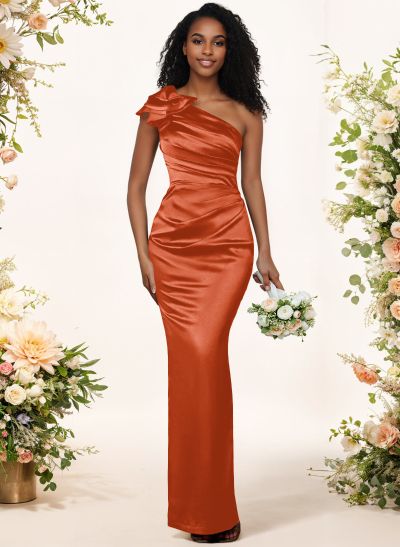 Sheath/Column One-Shoulder Silk Like Satin Bridesmaid Dresses With Ruffle