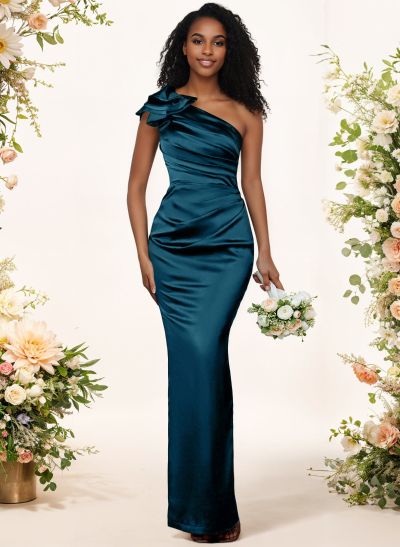 Sheath/Column One-Shoulder Silk Like Satin Bridesmaid Dresses With Ruffle