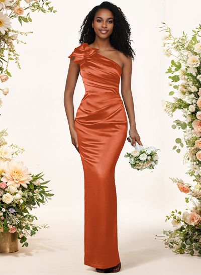 Sheath/Column One-Shoulder Silk Like Satin Bridesmaid Dresses With Ruffle