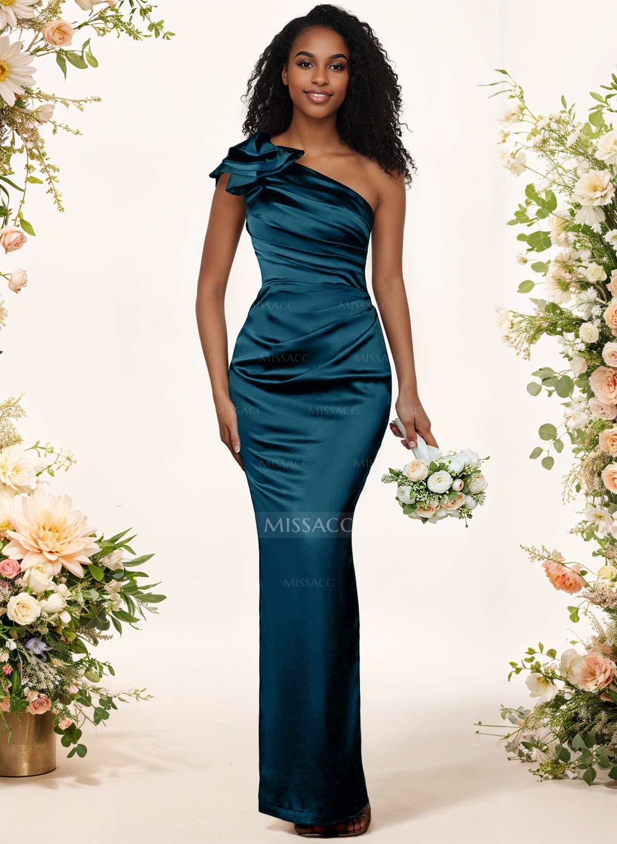 Sheath/Column One-Shoulder Silk Like Satin Bridesmaid Dresses With Ruffle