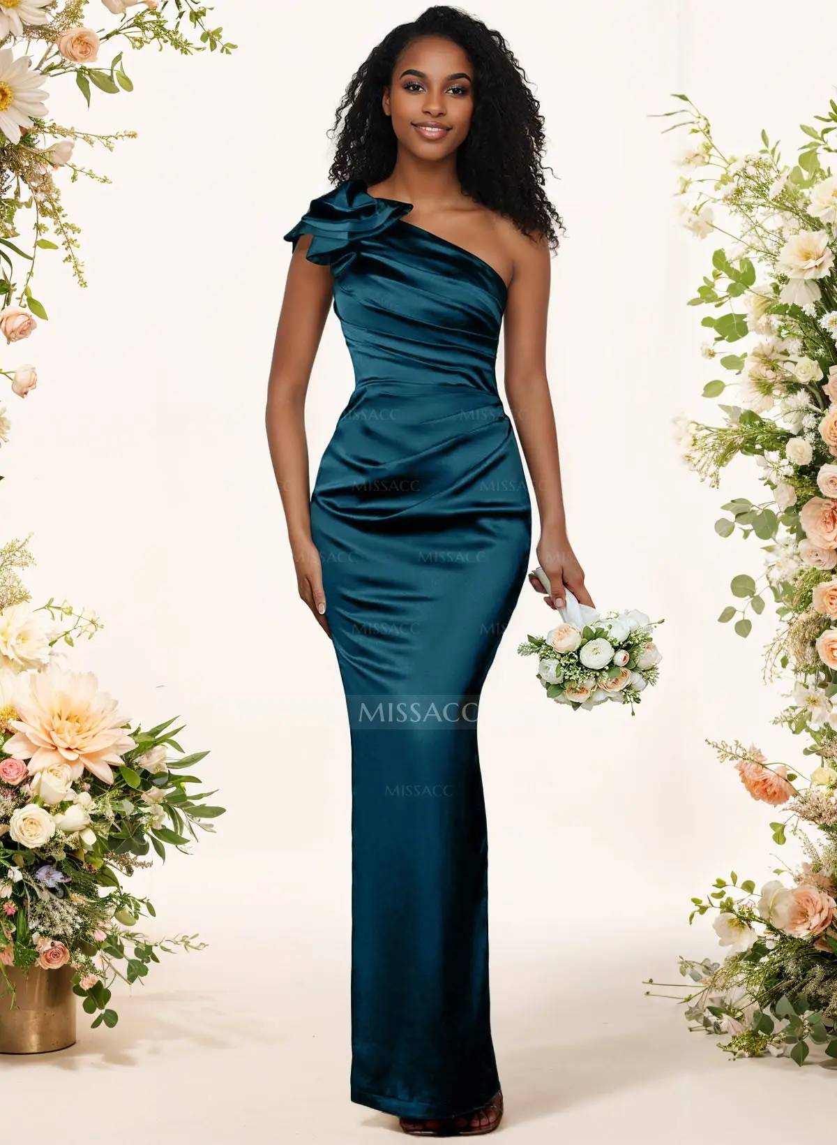 open lace back dress Pearl Pink One Shoulder High-Low Charmeuse Bridesmaid Prom Dress