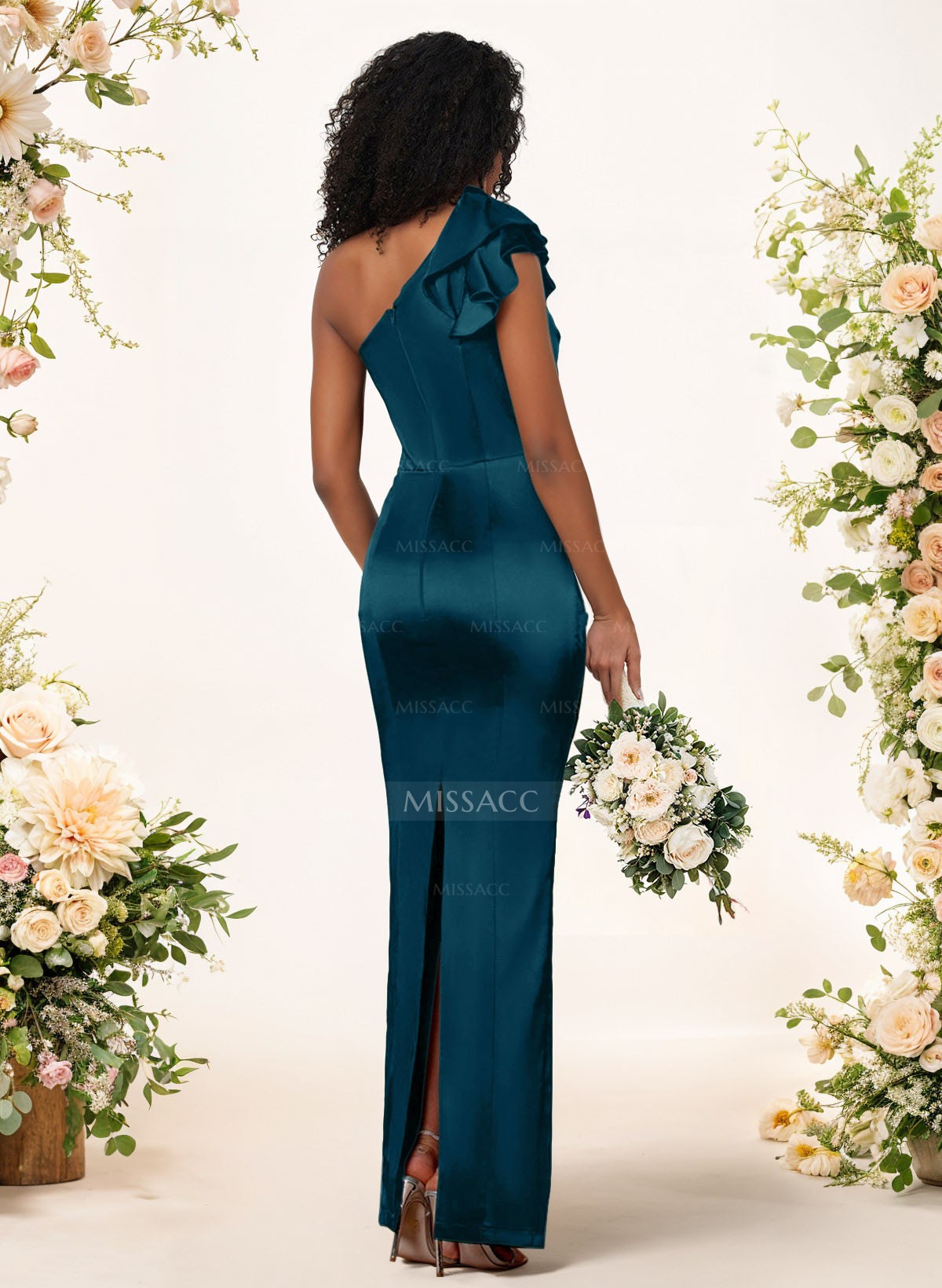 Sheath/Column One-Shoulder Silk Like Satin Bridesmaid Dresses With Ruffle