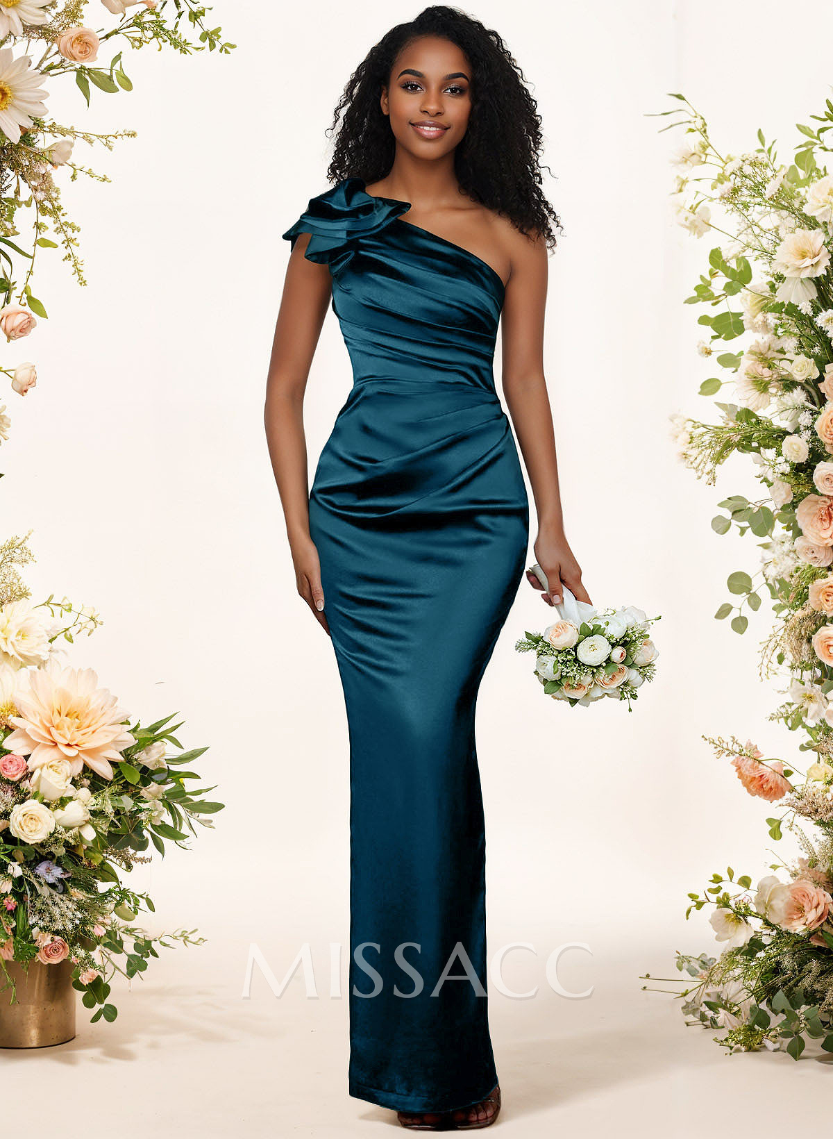 Sheath/Column One-Shoulder Silk Like Satin Bridesmaid Dresses With Ruffle Sheath/Column One-Shoulder Silk Like Satin Bridesmaid Dresses With Ruffle