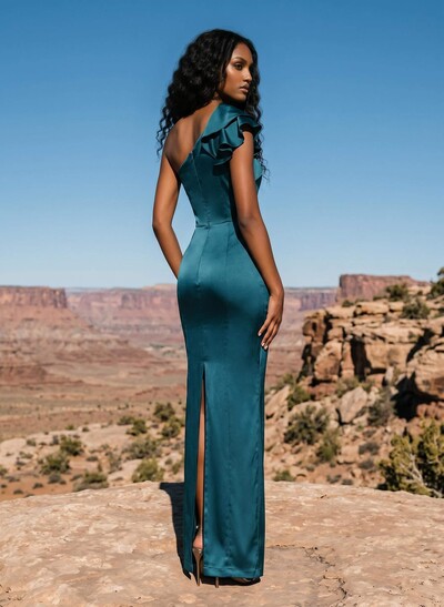 Sheath/Column One-Shoulder Silk Like Satin Bridesmaid Dresses With Ruffle