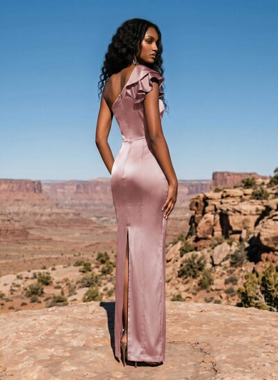 Sheath/Column One-Shoulder Silk Like Satin Bridesmaid Dresses With Ruffle