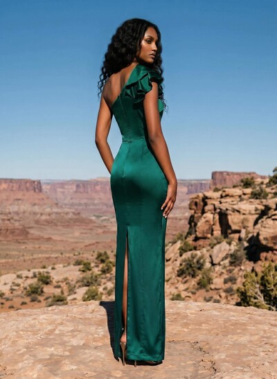 Sheath/Column One-Shoulder Silk Like Satin Bridesmaid Dresses With Ruffle