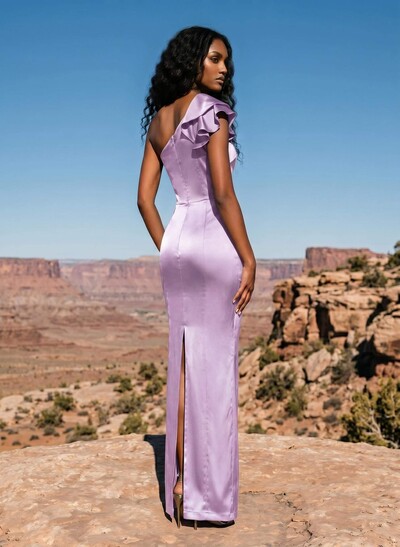 Sheath/Column One-Shoulder Silk Like Satin Bridesmaid Dresses With Ruffle