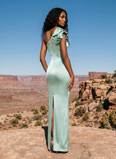 Sheath/Column One-Shoulder Silk Like Satin Bridesmaid Dresses With Ruffle