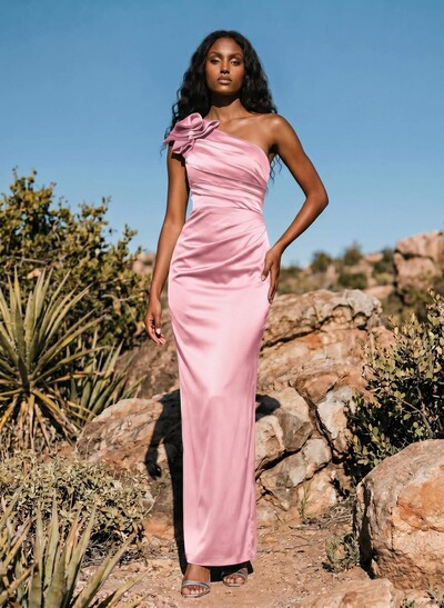 Sheath/Column One-Shoulder Silk Like Satin Bridesmaid Dresses With Ruffle