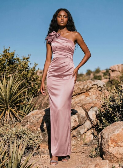 Sheath/Column One-Shoulder Silk Like Satin Bridesmaid Dresses With Ruffle