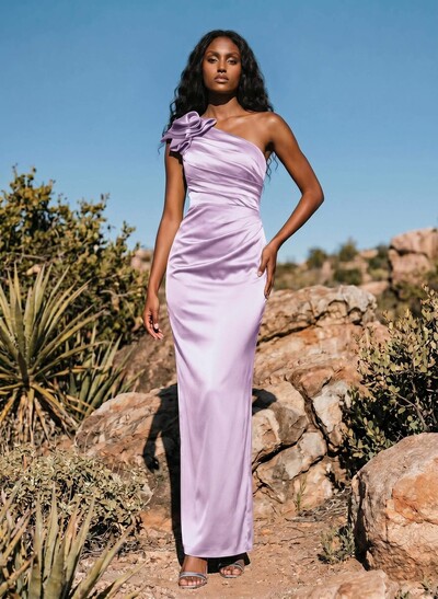 Sheath/Column One-Shoulder Silk Like Satin Bridesmaid Dresses With Ruffle