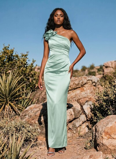 Sheath/Column One-Shoulder Silk Like Satin Bridesmaid Dresses With Ruffle