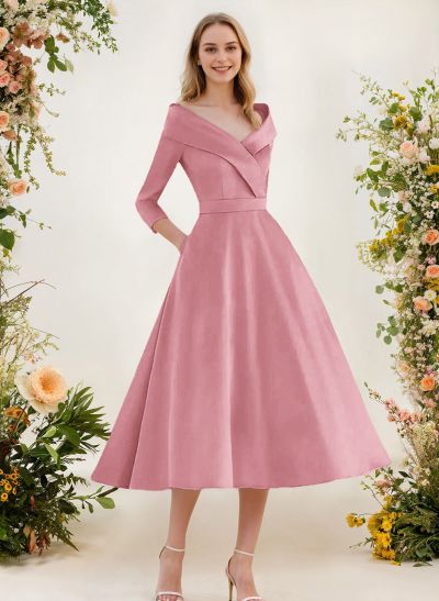 A-Line V-Neck 3/4 Sleeves Knee-Length Satin Bridesmaid Dresses