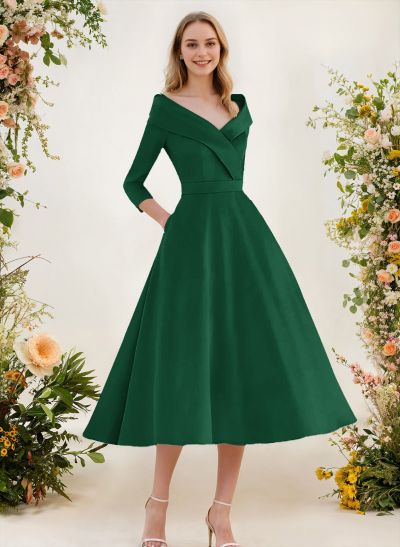 A-Line V-Neck 3/4 Sleeves Knee-Length Satin Bridesmaid Dresses