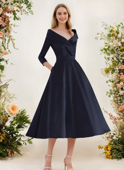 A-Line V-Neck 3/4 Sleeves Knee-Length Satin Bridesmaid Dresses