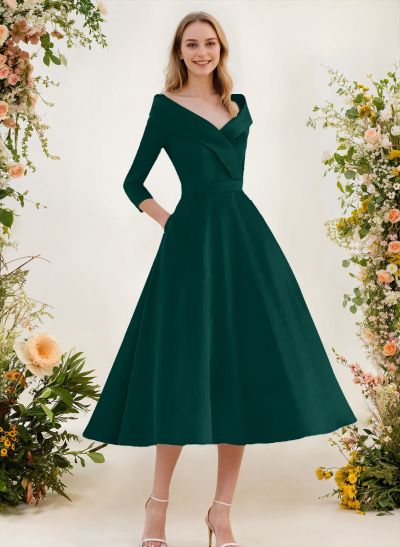 A-Line V-Neck 3/4 Sleeves Knee-Length Satin Bridesmaid Dresses
