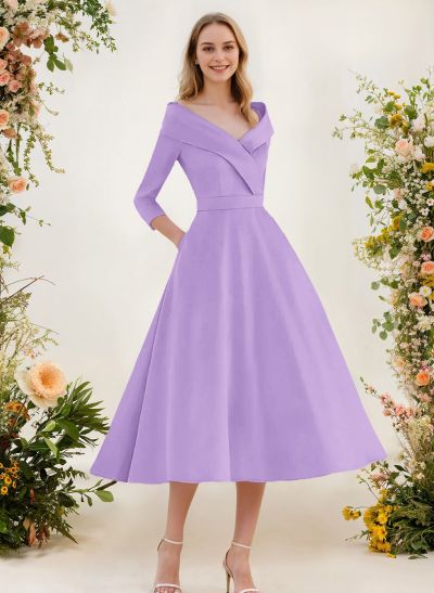 A-Line V-Neck 3/4 Sleeves Knee-Length Satin Bridesmaid Dresses