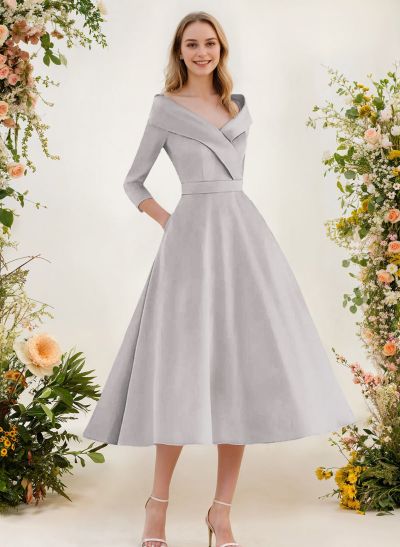 A-Line V-Neck 3/4 Sleeves Knee-Length Satin Bridesmaid Dresses