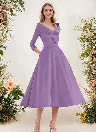 A-Line V-Neck 3/4 Sleeves Knee-Length Satin Bridesmaid Dresses