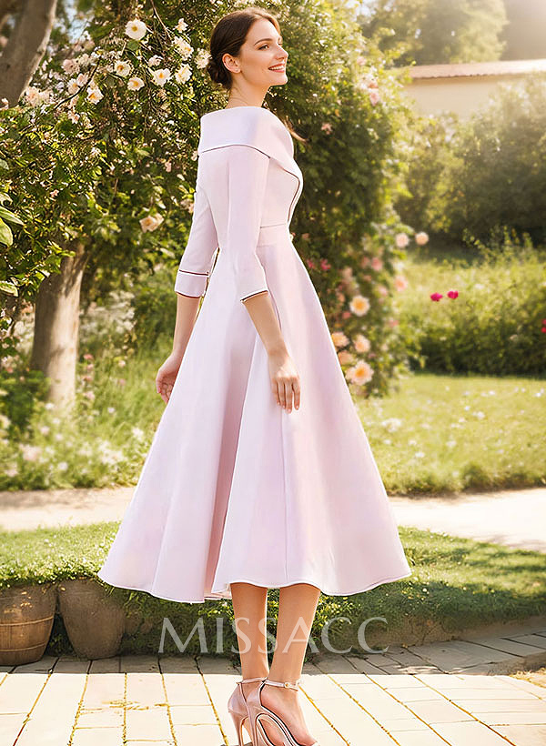 A-Line V-Neck 3/4 Sleeves Knee-Length Satin Bridesmaid Dresses