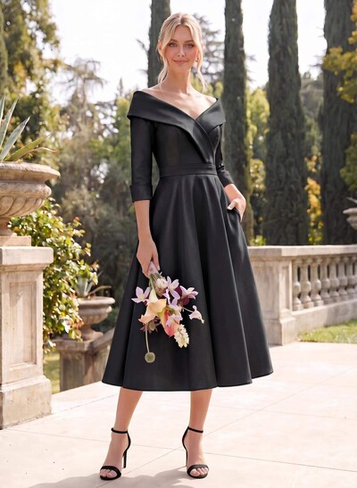 A-Line V-Neck 3/4 Sleeves Knee-Length Satin Bridesmaid Dresses