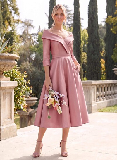 A-Line V-Neck 3/4 Sleeves Knee-Length Satin Bridesmaid Dresses