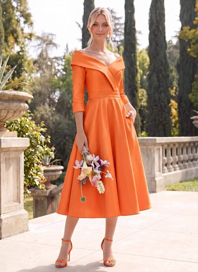 A-Line V-Neck 3/4 Sleeves Knee-Length Satin Bridesmaid Dresses