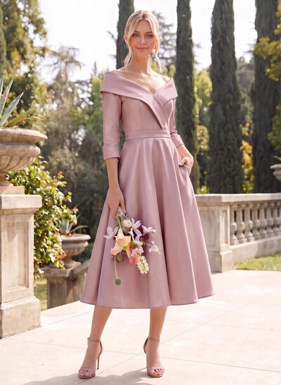 A-Line V-Neck 3/4 Sleeves Knee-Length Satin Bridesmaid Dresses