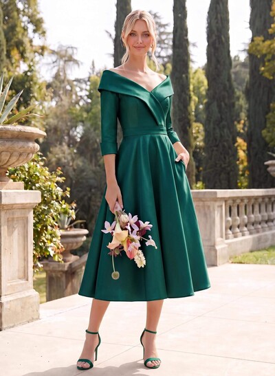 A-Line V-Neck 3/4 Sleeves Knee-Length Satin Bridesmaid Dresses