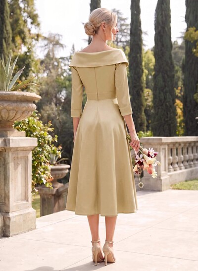 A-Line V-Neck 3/4 Sleeves Knee-Length Satin Bridesmaid Dresses
