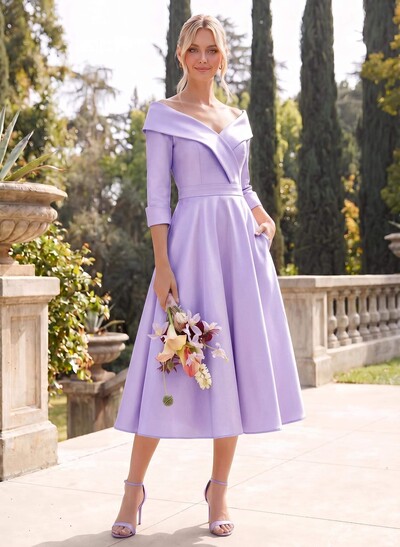 A-Line V-Neck 3/4 Sleeves Knee-Length Satin Bridesmaid Dresses