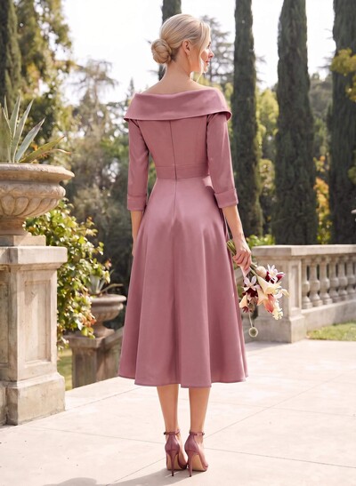 A-Line V-Neck 3/4 Sleeves Knee-Length Satin Bridesmaid Dresses