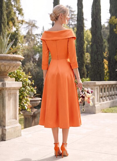 A-Line V-Neck 3/4 Sleeves Knee-Length Satin Bridesmaid Dresses