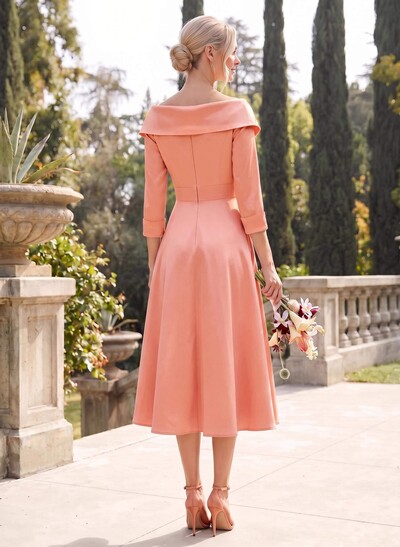 A-Line V-Neck 3/4 Sleeves Knee-Length Satin Bridesmaid Dresses