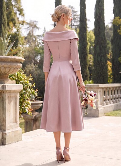 A-Line V-Neck 3/4 Sleeves Knee-Length Satin Bridesmaid Dresses