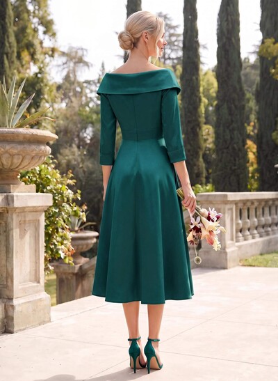 A-Line V-Neck 3/4 Sleeves Knee-Length Satin Bridesmaid Dresses