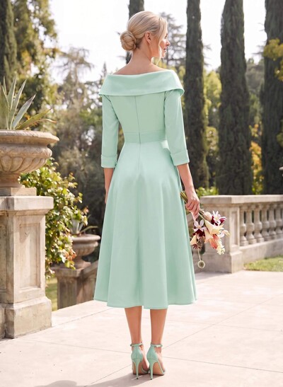 A-Line V-Neck 3/4 Sleeves Knee-Length Satin Bridesmaid Dresses