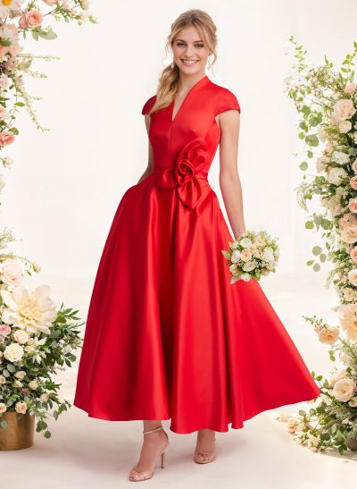 Ball-Gown V-Neck Short Sleeves Satin Bridesmaid Dresses With Flower(s)