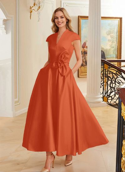 Ball-Gown V-Neck Short Sleeves Satin Bridesmaid Dresses With Flower(s)