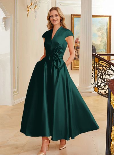 Ball-Gown V-Neck Short Sleeves Satin Bridesmaid Dresses With Flower(s)