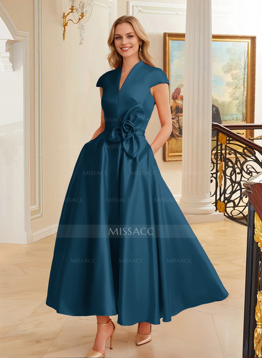 Ball-Gown V-Neck Short Sleeves Satin Bridesmaid Dresses With