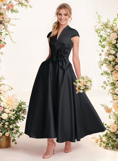Ball-Gown V-Neck Short Sleeves Satin Bridesmaid Dresses With Flower(s)