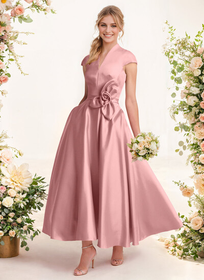 Ball-Gown V-Neck Short Sleeves Satin Bridesmaid Dresses With Flower(s)