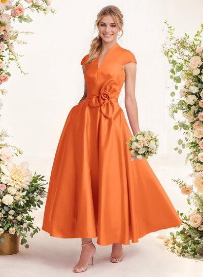 Ball-Gown V-Neck Short Sleeves Satin Bridesmaid Dresses With Flower(s)