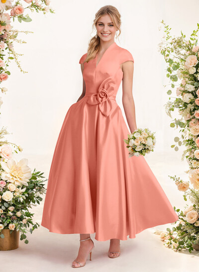 Ball-Gown V-Neck Short Sleeves Satin Bridesmaid Dresses With Flower(s)