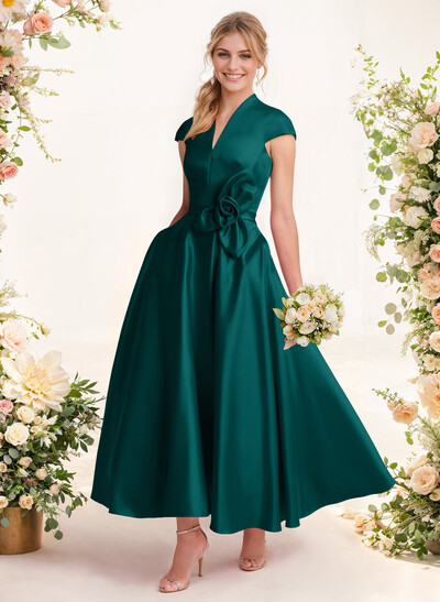 Ball-Gown V-Neck Short Sleeves Satin Bridesmaid Dresses With Flower(s)