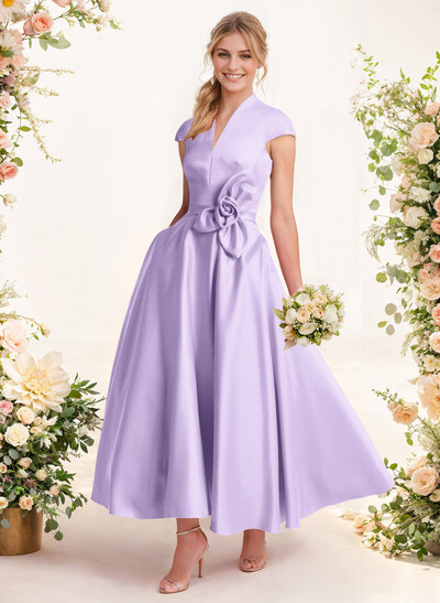Ball-Gown V-Neck Short Sleeves Satin Bridesmaid Dresses With Flower(s)